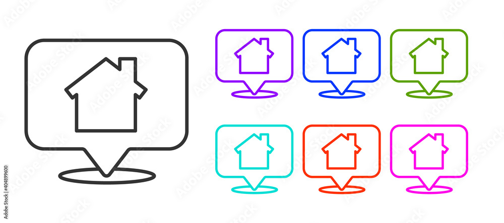 Poster black line map pointer with house icon isolated on white background. home location marker symbol. se