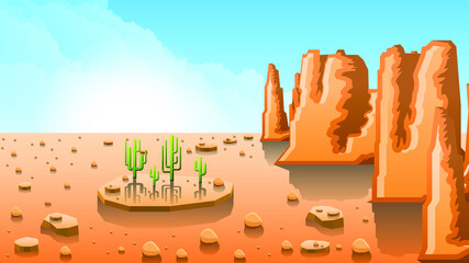 Abstract Sky Desert Background With Sand Mountains Clouds Cactus And Sun Vector Design Style Nature Landscape