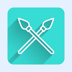 White line Crossed medieval spears icon isolated with long shadow. Medieval weapon. Green square button. Vector.