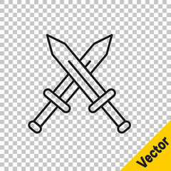 Black line Crossed medieval sword icon isolated on transparent background. Medieval weapon. Vector.