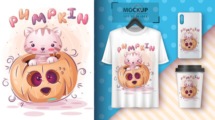 Cat in pumpkin poster and merchandising.