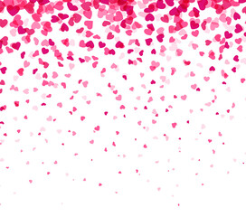 Pink hearts confetti on white background.