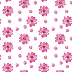 Seamless pattern of pink abstract watercolor flowers and dots on white background. Hand drawing repeat texture perfect for floral digital paper of blooming wallpaper.