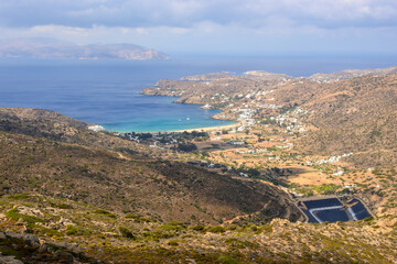 West coast of Ios and Mylopotas Bay with its popular beach. Cyclades, Greece