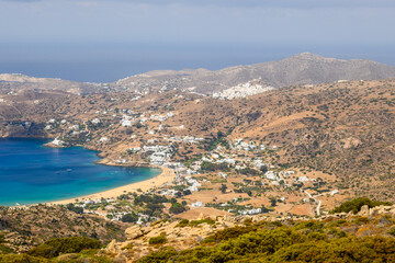 Fototapeta na wymiar West coast of Ios and Mylopotas Bay with its popular beach. Cyclades, Greece