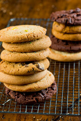 Cookies. Traditional classic homemade made from scratch piles of cookies. Sugar, oatmeal raisin, chocolate chip, gingerbread, chocolate raspberry. Delicious pastries from a classic bake shop or bakery