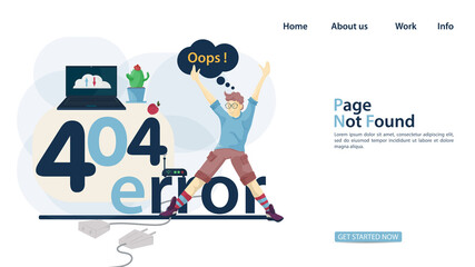 The guy with his hands raised sits on the inscription error 404 banner for the design of the Website Or Mobile applications page not found Flat Vector Illustration