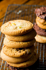 Cookies. Traditional classic homemade made from scratch piles of cookies. Sugar, oatmeal raisin, chocolate chip, gingerbread, chocolate raspberry. Delicious pastries from a classic bake shop or bakery