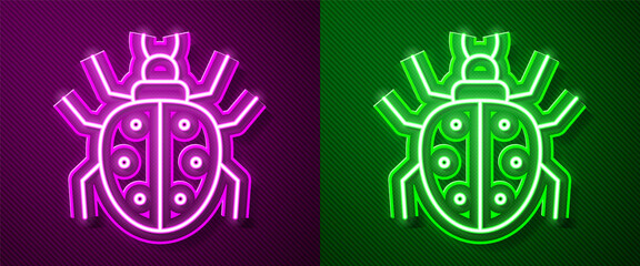 Glowing neon line Mite icon isolated on purple and green background. Vector.