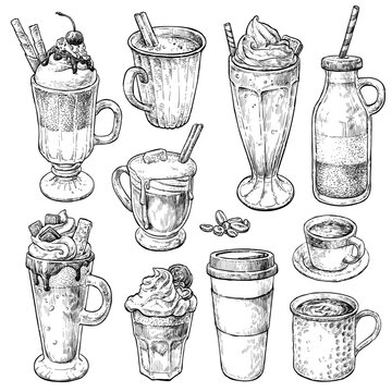 Retro style coffee set. Different types of pastry and coffee, latte, cappuccino, coffe to go cup. Hand drawn vintage vector sketch illustrations. Elements in engraving style.