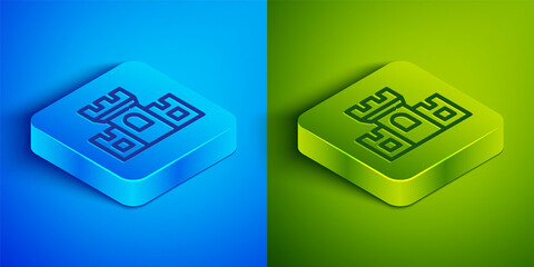 Isometric line Castle icon isolated on blue and green background. Medieval fortress with a tower. Protection from enemies. Reliability and defense of the city. Square button. Vector.