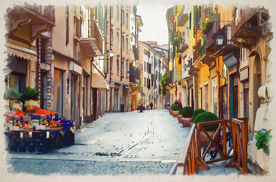Fototapeta Watercolor drawing of Brescia Typical italian narrow street with traditional old buildings, cobblestone road, fruit and vegetables store