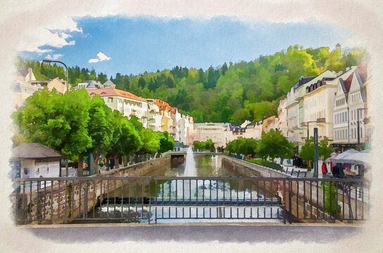 Watercolor drawing of Karlovy Vary: Karlsbad historical city centre with Tepla bridge, Tepla river embankment, colorful beautiful buildings