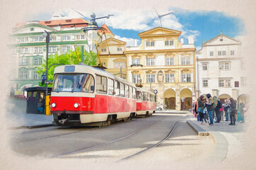 Fototapeta na wymiar Watercolor drawing of Prague: Typical old retro vintage tram on tracks near tram stop in the streets of Prague city in Lesser Town Mala Strana district