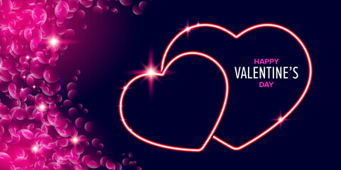 Valentines day greeting horizontal banner with pink neon heart and glowing pink petals isolated on background. Valentines day poster or greeting card with shiny pink layout and beautiful heart