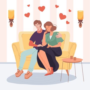 Vector cartoon flat characters lovers couple,trendy young people in love,girl and boy romantic date indoors at home - communication,emotions,love,social concept