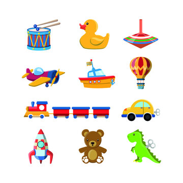 Vector image. Children's toys drawings. Toy with a spinning top, dinosaur, teddy bear, ship, a drum, car, plane, rocket, hot air balloon, rubber duck and a train. Nice drawings for children.