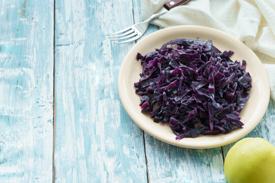 Stewed red cabbage on plate with copy space