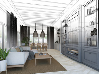 sketch design of interior living room,3d rendering