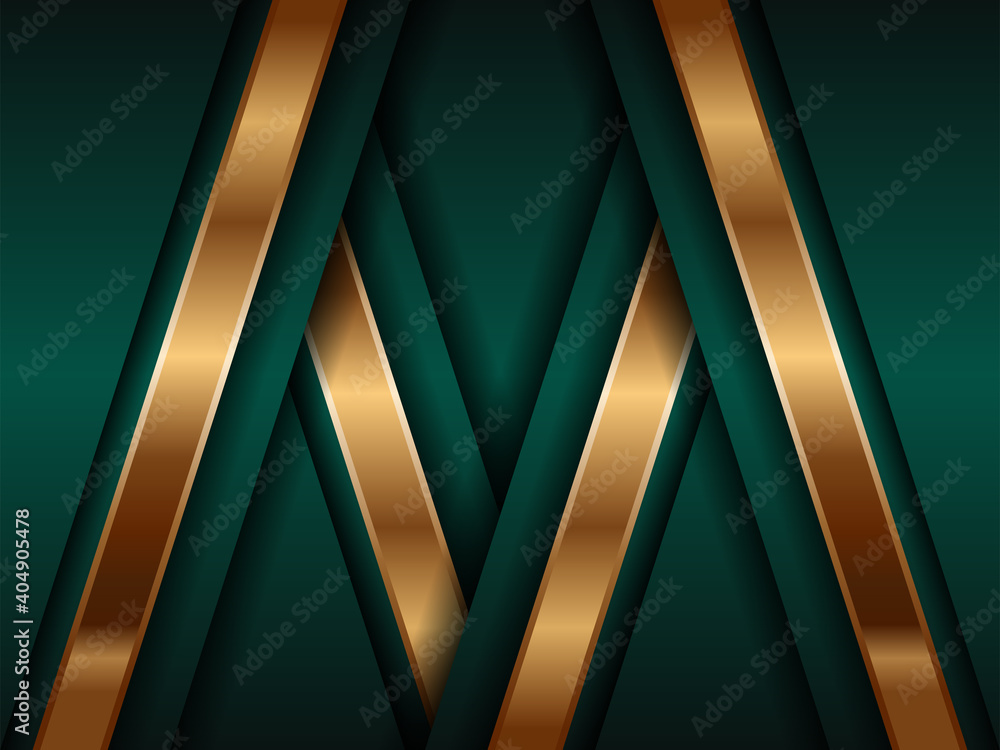Poster abstract polygonal pattern luxury green combine and glowing gold lines overlap layer textured backgr