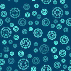 Green line Power button icon isolated seamless pattern on blue background. Start sign. Vector.