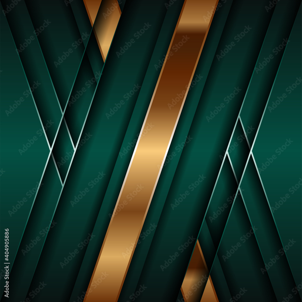 Poster abstract polygonal pattern luxury green combine and glowing gold lines overlap layer textured backgr