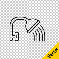 Black line Shower head with water drops flowing icon isolated on transparent background. Vector.