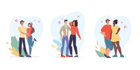 Fototapeta premium Vector cartoon flat character couples,saint Valentine Day greeting cards design set.Young people in love hugs on floral background-February 14 postcard,web online banner decor-emotions,social concept