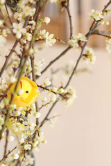Branch in blossom. Plum. Easter Gift card idea. Spring. Chicken decor