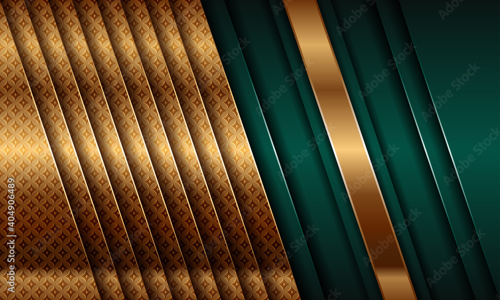 Poster abstract polygonal pattern luxury green combine and glowing gold lines overlap layer textured backgr