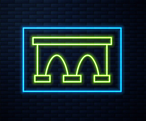 Glowing neon line Bridge for train icon isolated on brick wall background. Vector.