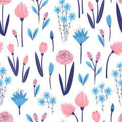 Seamless pattern of tulip, rose, aster and other different pink and blue flowers. Hand drawn illustration in doodle style. Isolated in white background for fabric, wallpaper and another print design.