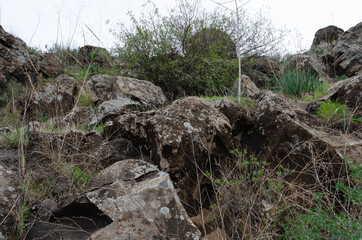 landscapes with mountain views with the remains of ancient buildings on the Golan heights in israel