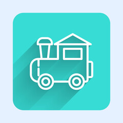 White line Toy train icon isolated with long shadow. Green square button. Vector.