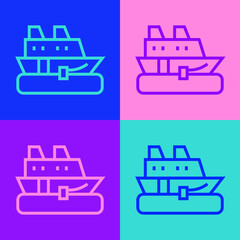 Pop art line Cruise ship icon isolated on color background. Travel tourism nautical transport. Voyage passenger ship, cruise liner. Worldwide cruise. Vector.