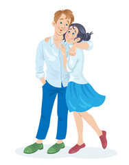 Young man and woman stand embracing. In cartoon style. Isolated on white background. Vector flat illustration