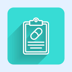 White line Medical prescription icon isolated with long shadow. Rx form. Recipe medical. Pharmacy or medicine symbol. Green square button. Vector.