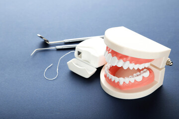 Teeth model with dental instruments and thread on black background