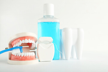 Obraz na płótnie Canvas Teeth models with bottle of mouthwash, toothbrush and dental thread on grey background