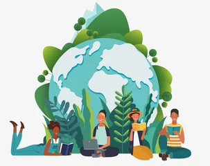 Fotobehang Young people group reading books. Study, learning knowledge and education vector concept. Eco friendly ecology poster. Nature conservation illustration  © cristinn