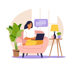 Woman sitting table with laptop and phone. Working on a computer. Freelance, online education or social media concept. Studying concept. Flat style.