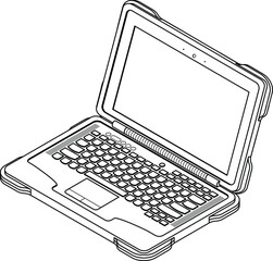Line-art detailed isometric drawing of a ruggerdized laptop computer. Expanded paths. No fills.