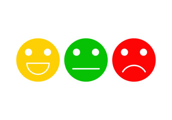 Basic emoticons set. Three facial expression for feedback - positive, neutral and negative. Symbol of client satisfaction level. Vector illustration isolated on white background.