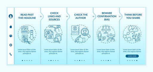 Fototapeta na wymiar Misleading information checking tips onboarding vector template. Checking links, sources. Confirmation bias. Responsive mobile website with icons. Webpage walkthrough step screens. RGB color concept