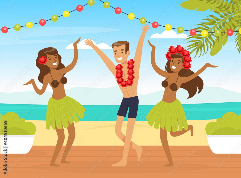 Poster young man and two girls hula dancers dancing on the beach, guy having fun on summer vacation on seas