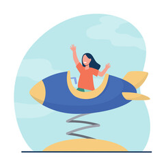 Happy girl riding in toy rocket and smiling. Carousel, fun, child flat vector illustration. Vacation and amusement park concept for banner, website design or landing web page