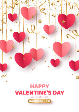 Happy Saint Valentine's day card, hanging red and pink paper cut hearts with gold streamers and confetti on white background. Decorative holiday banner, festive poster, romantic flyer, brochure.