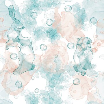 Seamless abstract geometric pattern with turquoise stains and bubbles in digital fluid art technique 