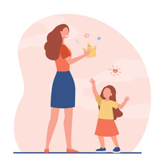 Happy mother giving crown to her little daughter. Kid, party, princess flat vector illustration. Celebration and holiday concept for banner, website design or landing web page