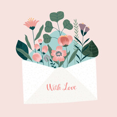 Vector greeting card. Bouquet of wild flowers in the envelope on pink background - 404911695